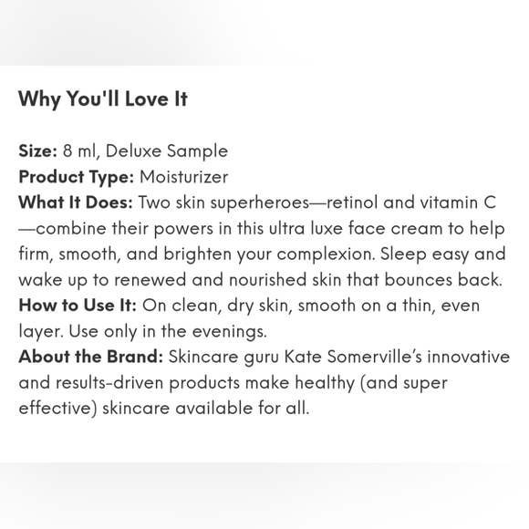 Kate Somerville +Retinol Vitamin C Moisturizer Deluxe Sample Size 8ml NWT - Picture 2 of 7